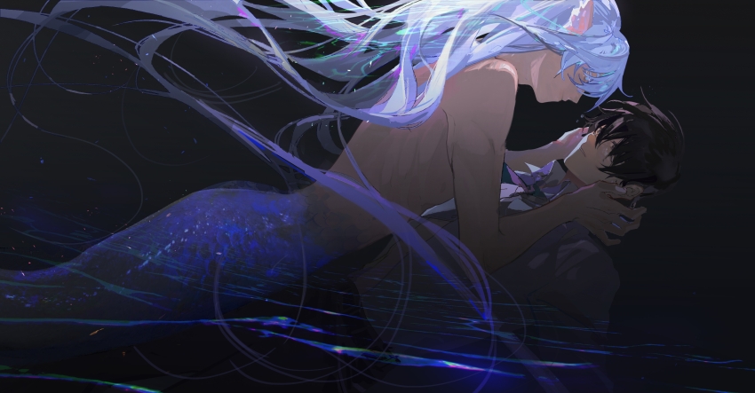 1boy, absurdres, animal_ears, black_hair, black_pants, blue_eyes, blue_hair, blue_theme, character_request, closed_mouth, eye_contact, face-to-face, floating_hair, from_side, hair_between_eyes, hands_up, highres, i_became_a_god_in_a_horror_game, kakin666, light_blue_hair, long_hair, looking_at_another, mermaid, monster_girl, nude, pants, profile, short_hair, underwater, very_long_hair, water