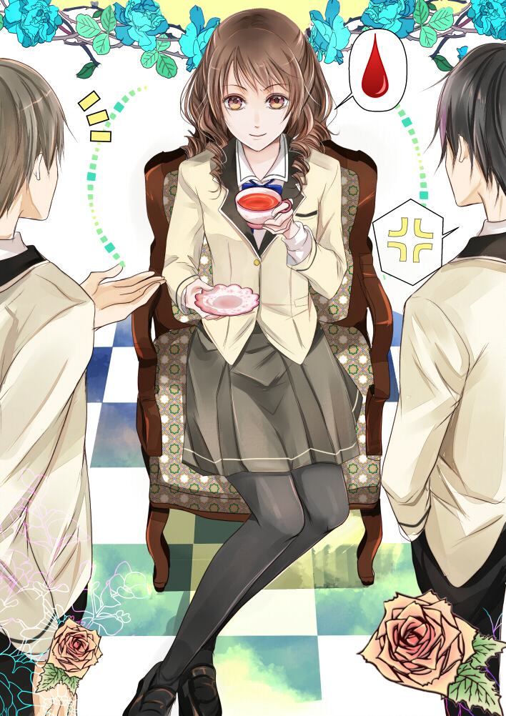 1girl, 2boys, akebi_(kakuri), anger_vein, black_hair, blazer, blue_bow, blue_bowtie