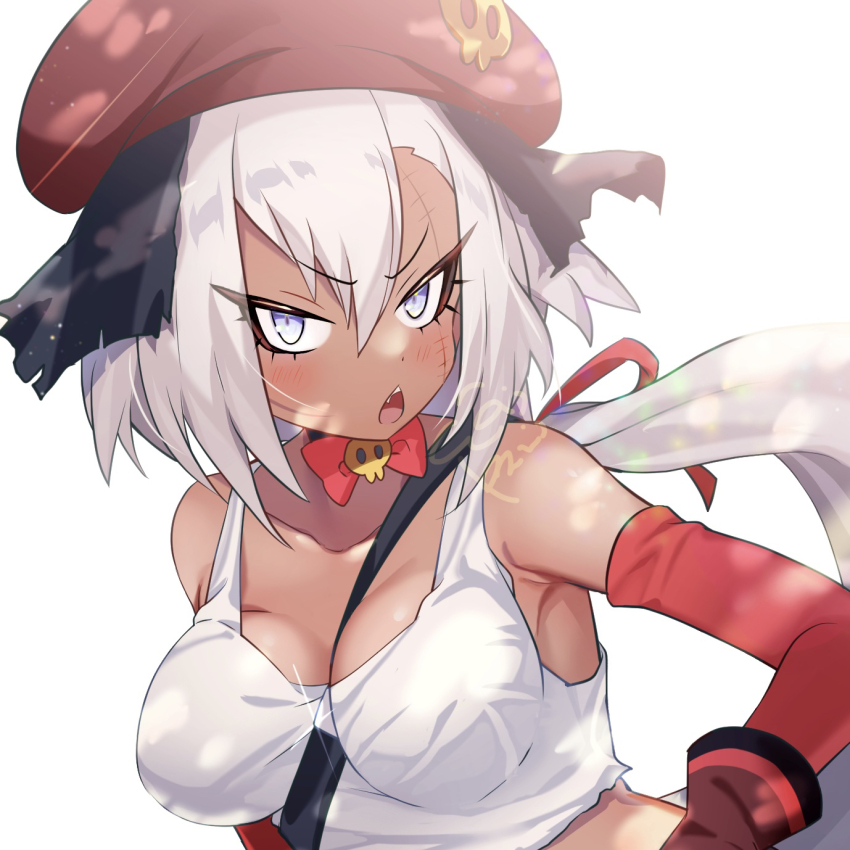 1girl, :o, bare_shoulders, beret, between_breasts, blue_eyes, breasts, chestnut_mouth