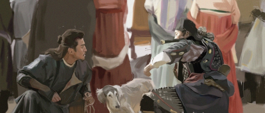 2boys, 2girls, arm_guards, armor, breastplate, chang'an_shier_shichen, chinese_armor, chinese_clothes, chui_(weapon), cui_qi, dog, futou, hanfu, highres, holding, holding_rope, looking_at_another, mountain_pattern_armor, mullet, multiple_boys, multiple_girls, painting_(medium), rope, scene_reference, shiiirooo, shoulder_armor, squatting, traditional_media, turban, zhang_xiaojing