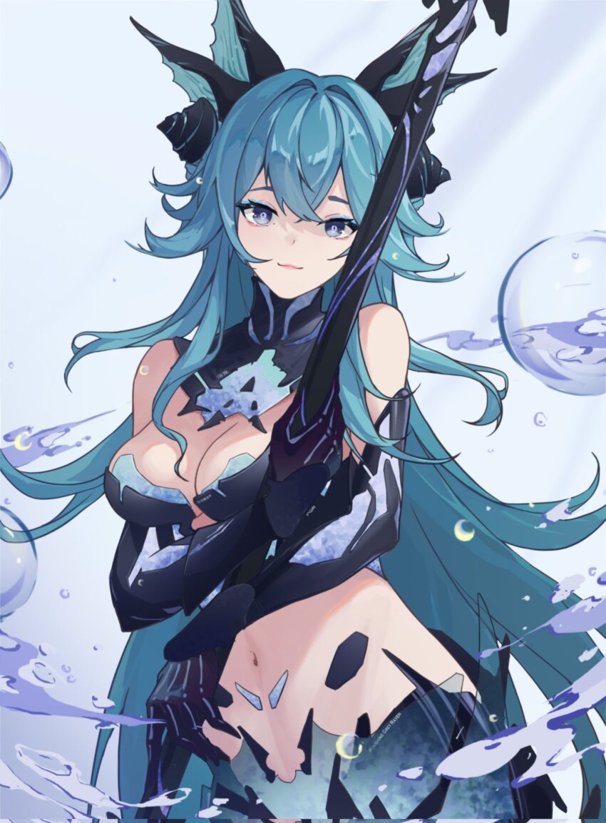 1girl, adhesive_bra, aqua_eyes, aqua_hair, black_bra, black_collar, bra, closed_mouth, collar, crossed_bangs, detached_collar, fins, hair_ornament, head_fins, highres, holding, holding_polearm, holding_weapon, khanclus, lamia:_lost_lullaby_(pgr), lamia_(pgr), long_hair, looking_at_viewer, mechanical_arms, mermaid, monster_girl, navel, polearm, punishing:_gray_raven, shell, shell_hair_ornament, sidelocks, solo, underwear, water, weapon