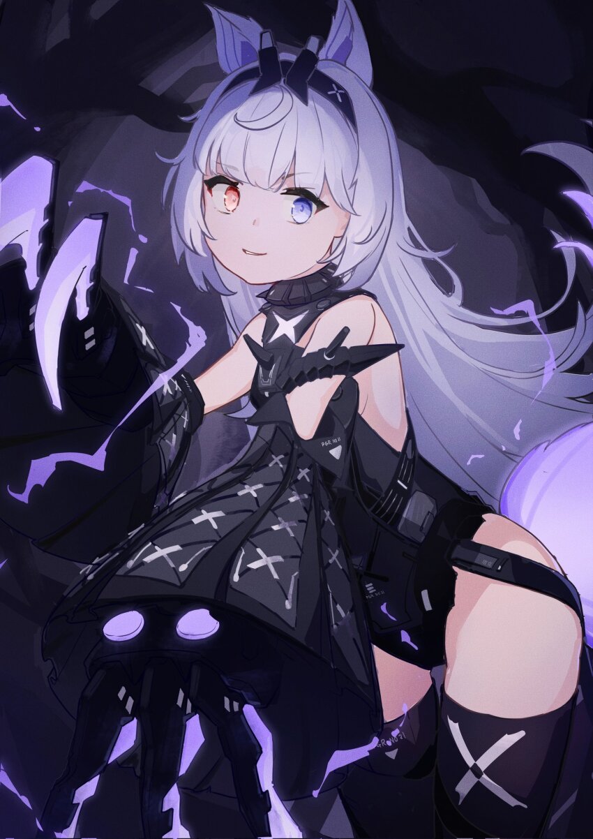 1girl, ahoge, animal_ears, black_bodysuit, black_hairband, black_thighhighs, blue_eyes, bodysuit, claw_(weapon), collared_bodysuit, detached_sleeves, grey_hair, hair_intakes, hairband, heterochromia, highres, khanclus, no._21:_feral_(pgr), no._21_(pgr), parted_lips, punishing:_gray_raven, red_eyes, sidelocks, sleeves_past_fingers, sleeves_past_wrists, solo, tail, thighhighs, weapon, wolf_ears, wolf_tail