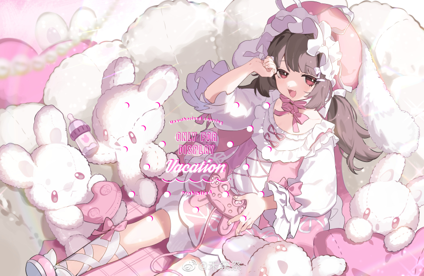 1girl, absurdres, baby_bottle, bottle, bow, bow_legwear, bowtie, brown_hair