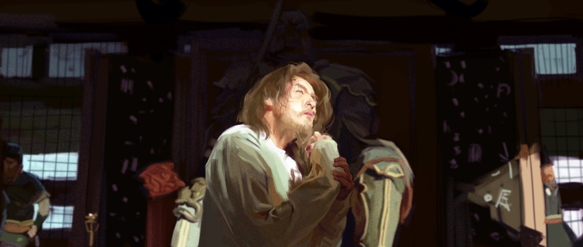 2boys, beard, brown_hair, chang'an_shier_shichen, facial_hair, green_robe, highres, indoors