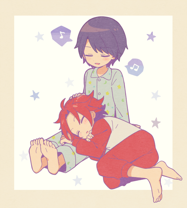 2boys, 5.5, barefoot, closed_eyes, full_body, green_pajamas, green_pants, green_shirt