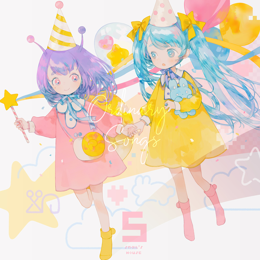 2girls, album_cover, animal_bag, ankle_socks, antennae, bag, balloon, blue_eyes