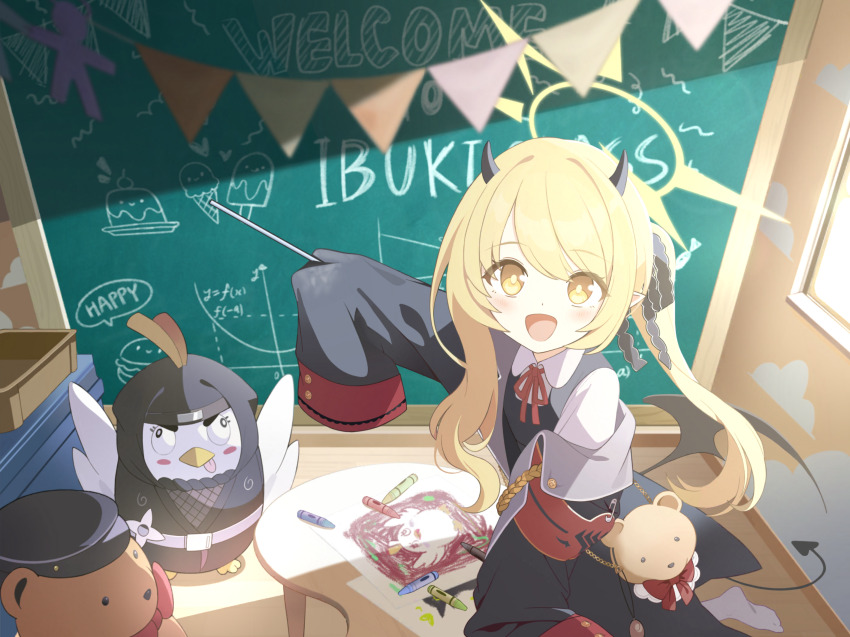 1girl, absurdres, aiguillette, armband, artist_request, bag, black_coat, black_horns, black_ribbon, black_tail, black_wings, blonde_hair, blue_archive, blush, bow, chalkboard, cloud_print, coat, crayon, crime_prevention_buzzer, demon_horns, demon_tail, demon_wings, dirty, dirty_clothes, dot_nose, english_text, game_cg, gehenna_academy_logo, hair_between_eyes, hair_ornament, halo, handbag, highres, horns, ibuki_(blue_archive), indoors, jacket, long_hair, long_sleeves, looking_at_viewer, low_wings, military_jacket, ninja, non-web_source, official_art, open_mouth, paper_doll_chain, peroro_(blue_archive), pointing, pointy_ears, red_armband, red_bow, ribbon, safety_pin, school_uniform, sketch, sleeves_past_fingers, sleeves_past_wrists, smile, socks, solo, stuffed_animal, stuffed_toy, table, tail, twintails, white_socks, window, wings, yellow_eyes, yellow_halo