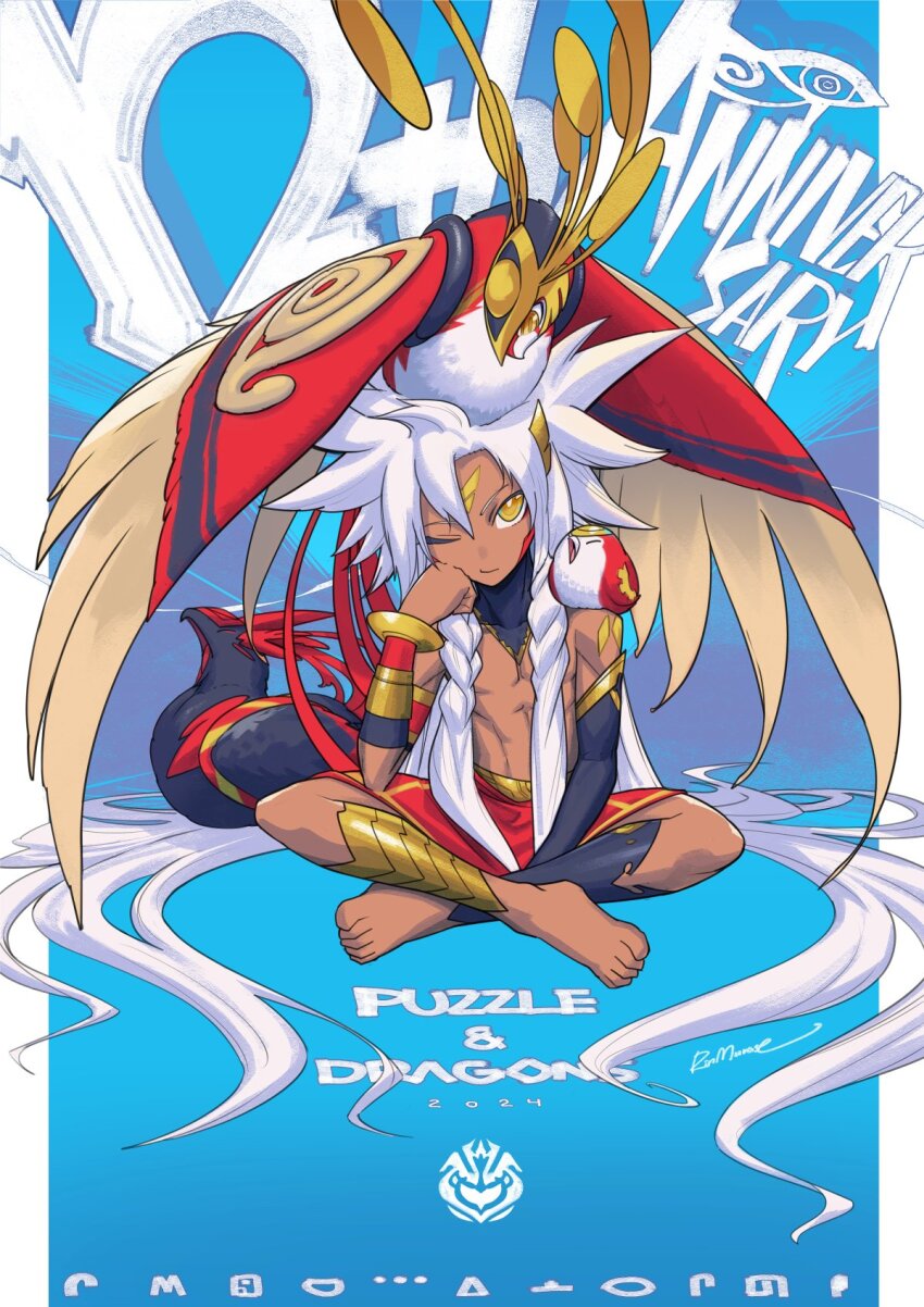 1boy, animal, animal_on_head, animal_on_shoulder, anniversary, artist_name, barefoot, bird