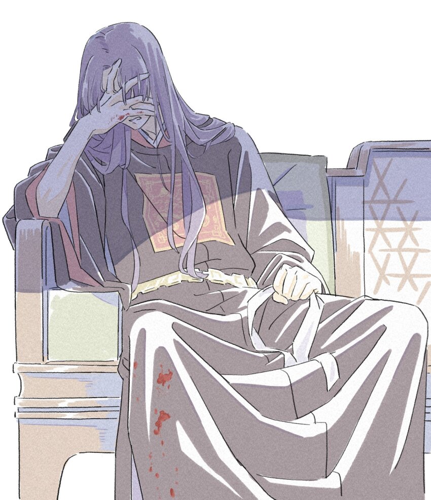 1boy, black_robe, blood, blood_on_clothes, blood_on_hands, chinese_clothes, covering_face, dangomochi2
