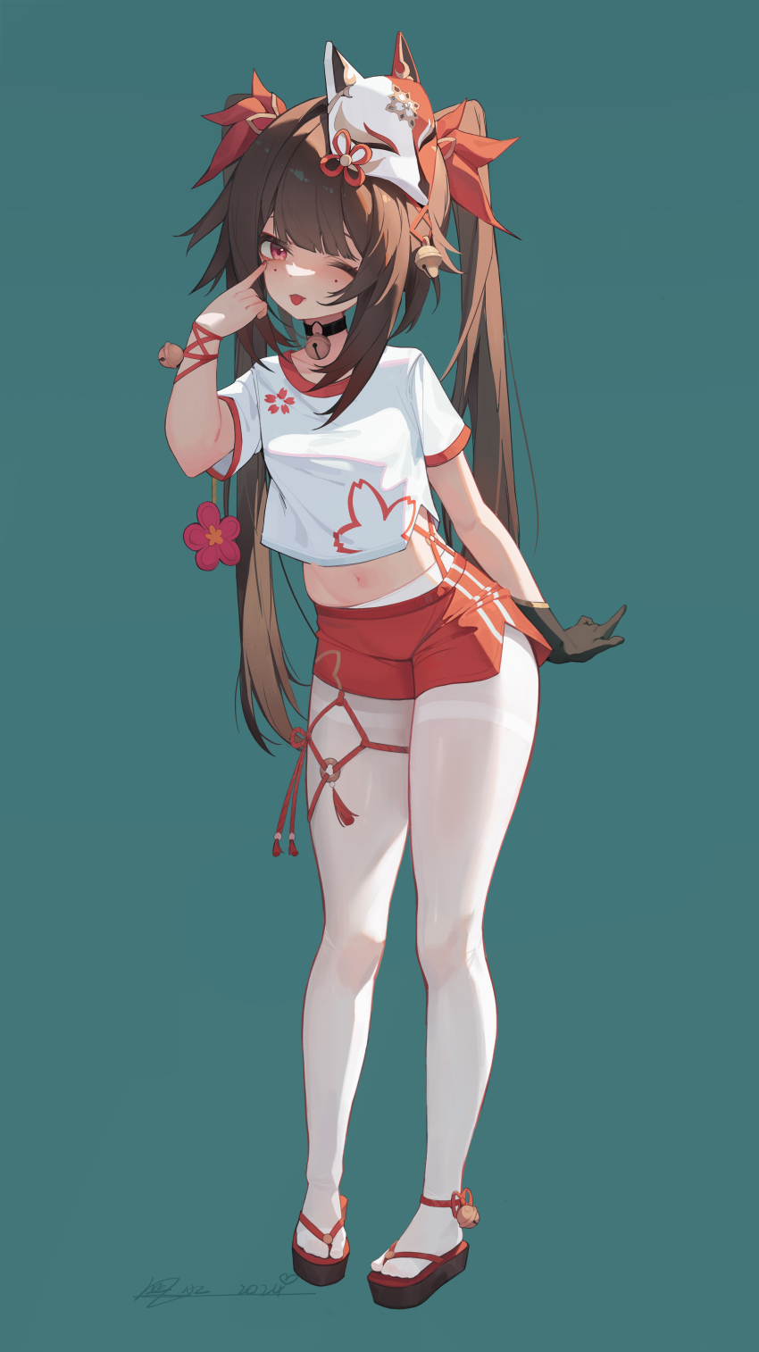 1girl, ;p, absurdres, akanbe, ankle_bell, rope_anklet, bell, black_choker, black_gloves, black_sandals, breasts, center-flap_bangs, cherry_blossom_print, chinese_commentary, choker, commentary_request, crop_top, cropped_shirt, dated, dolphin_shorts, eyelashes, eyelid_pull, facial_mark, fingernails, flip-flops, floral_print, flower, flower_knot, fox_mask, full_body, gloves, green_background, gym_shirt, gym_uniform, hair_bell, hair_ornament, hair_ribbon, hand_up, highres, honkai:_star_rail, honkai_(series), index_finger_raised, jingle_bell, long_hair, looking_at_viewer, mask, mask_on_head, midriff, nail_polish, navel, neck_bell, o-ring, o-ring_choker, okobo, one_eye_closed, pantyhose, pantyhose_under_shorts, partial_commentary, pigeon-toed, platform_sandals, purple_eyes, purple_flower, red_nails, red_ribbon, red_rope, red_sandals, red_shorts, red_trim, ribbon, rope, sandals, shirt, short_shorts, shorts, sidelocks, signature, simple_background, single_glove, skindentation, small_breasts, solo, sparkle_(honkai:_star_rail), standing, tachi-e, tassel, tongue, tongue_out, tress_ribbon, twintails, very_long_hair, white_pantyhose, white_shirt, wrist_ribbon, zhishuixy