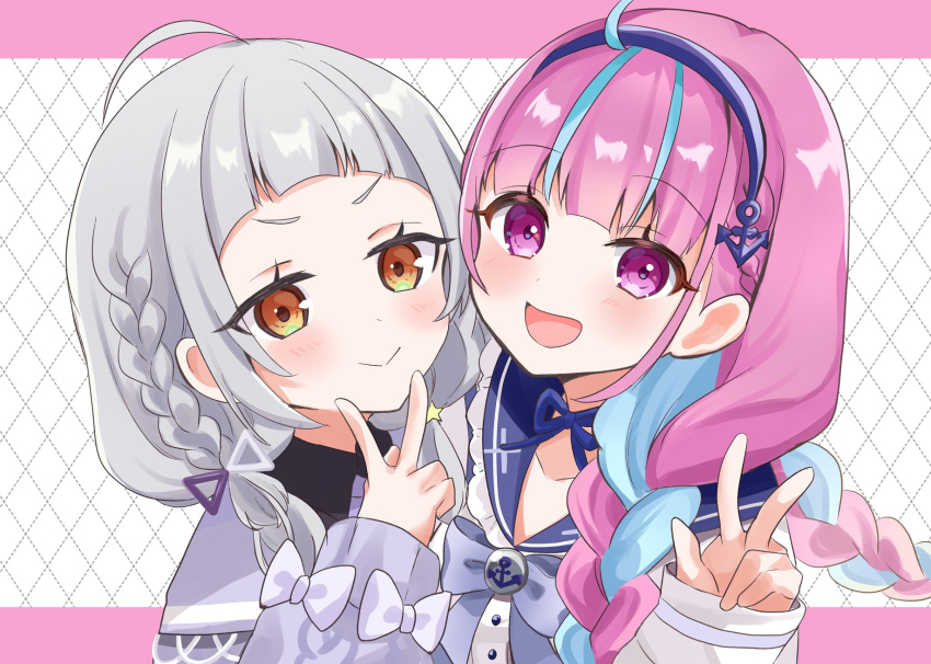 2girls, :d, ahoge, anchor_hair_ornament, aqua_hair, black_skirt, blue_hairband, blue_ribbon