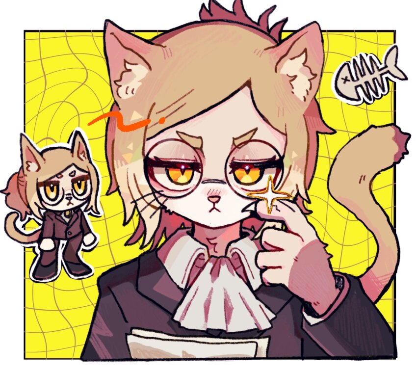 1girl, adjusting_eyewear, animal_ears, ascot, black_footwear, black_jacket, black_pants, blonde_hair, border, cat_ears, cat_girl, cat_tail, chibi, claws, commentary, fish_skeleton, furry, furry_female, glasses, glint, highres, hitoner, holding, holding_paper, jacket, jitome, looking_at_viewer, pants, paper, ponytail, portrait, round_eyewear, shirt, slit_pupils, snout, tail, tonerico, uminosoko44, whiskers, white_ascot, white_border, white_shirt, x_x, yellow_background, yellow_eyes