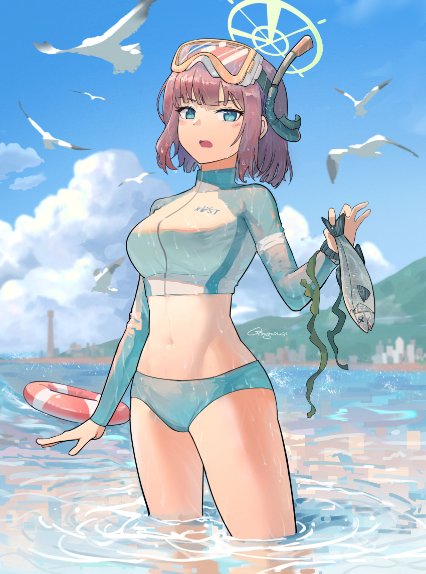 1girl, absurdres, animal, beach, bird, blue_archive, blue_eyes, blue_sky