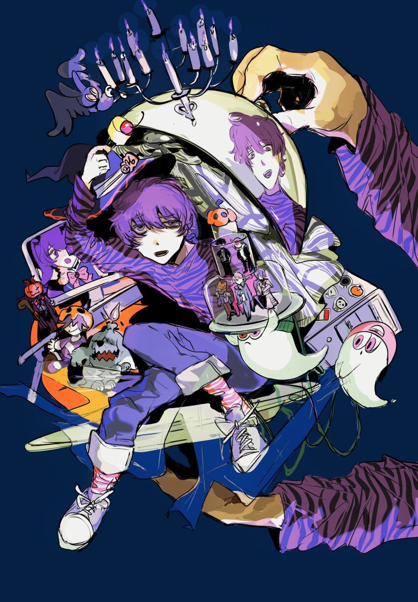 arm_up, bat_(animal), blue_background, chandelier, character_request, character_sticker, clone, commentary_request