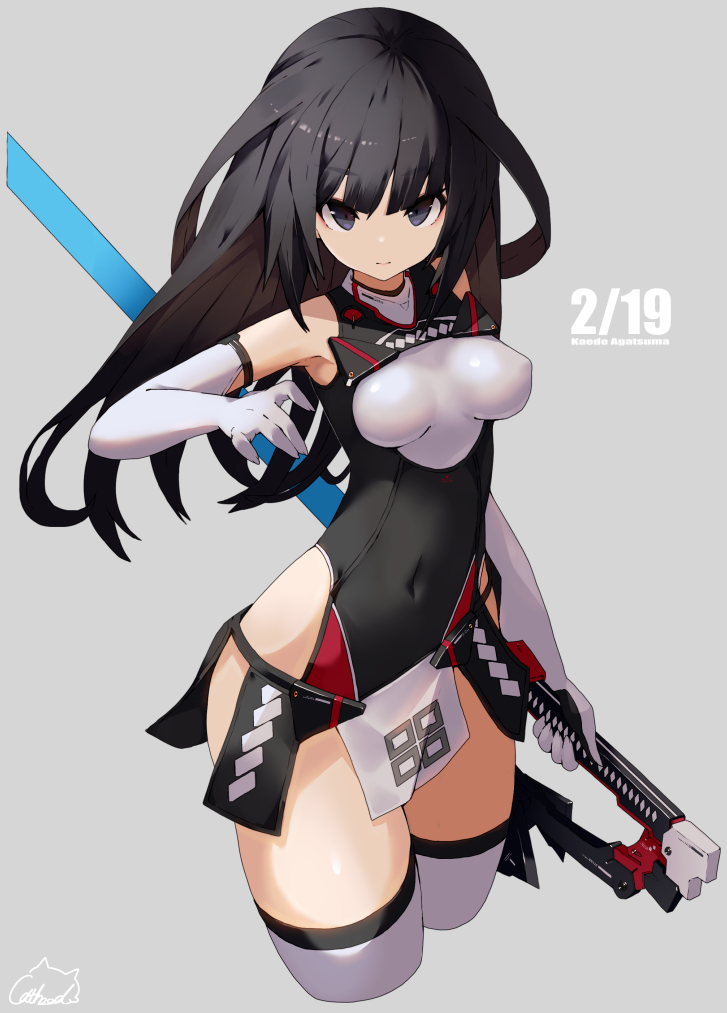 1girl, agatsuma_kaede, alice_gear_aegis, bare_shoulders, black_eyes, black_hair, black_leotard, breasts, character_name, closed_mouth, clothing_cutout, commentary_request, covered_navel, elbow_gloves, energy_sword, expressionless, gloves, grey_background, hand_up, hip_vent, holding, holding_sword, holding_weapon, leotard, long_hair, looking_at_viewer, medium_breasts, pelvic_curtain, red_cat_hood, signature, simple_background, solo, sword, thighhighs, thighs, weapon, white_gloves, white_thighhighs