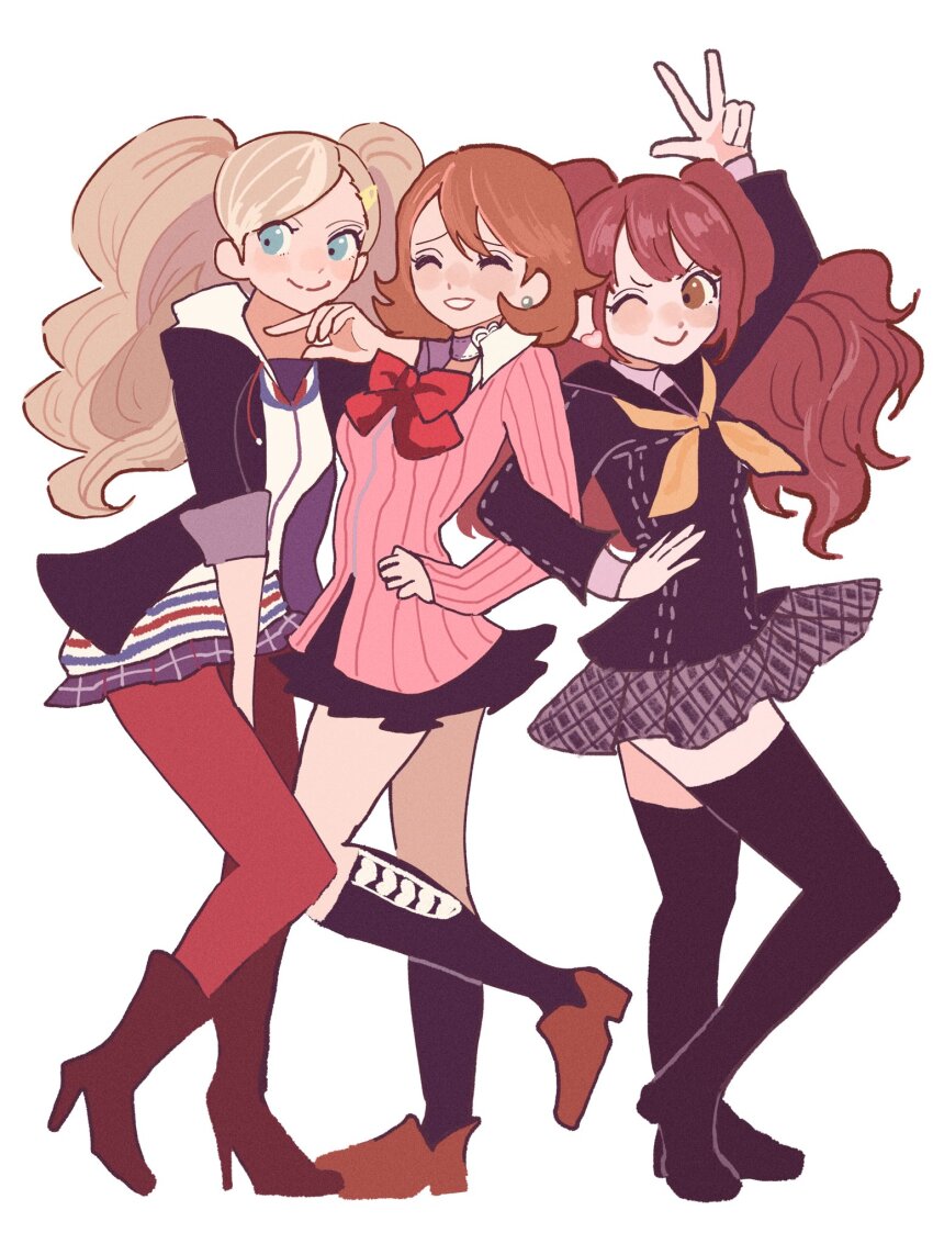 3girls, arm_up, black_jacket, black_sailor_collar, black_skirt, black_socks, black_thighhighs, blonde_hair, blue_eyes, blush, boots, bow, bowtie, brown_eyes, brown_footwear, brown_hair, cardigan, chimney_(chimney0311), closed_eyes, closed_mouth, collared_shirt, commentary, earrings, full_body, hair_ornament, hairclip, hand_on_own_hip, high_heel_boots, high_heels, highres, jacket, jewelry, kneehighs, kujikawa_rise, locked_arms, long_hair, long_sleeves, looking_at_viewer, multiple_girls, neckerchief, one_eye_closed, open_clothes, open_jacket, pantyhose, parted_lips, persona, persona_3, persona_4, persona_5, pink_cardigan, pleated_skirt, red_bow, red_bowtie, red_pantyhose, sailor_collar, school_uniform, shirt, short_hair, skirt, smile, socks, standing, stud_earrings, untranslatable_commentary, takamaki_anne, takeba_yukari, thighhighs, three-finger_salute, trait_connection, twintails, white_background, white_shirt, yasogami_school_uniform, yellow_neckerchief, zettai_ryouiki