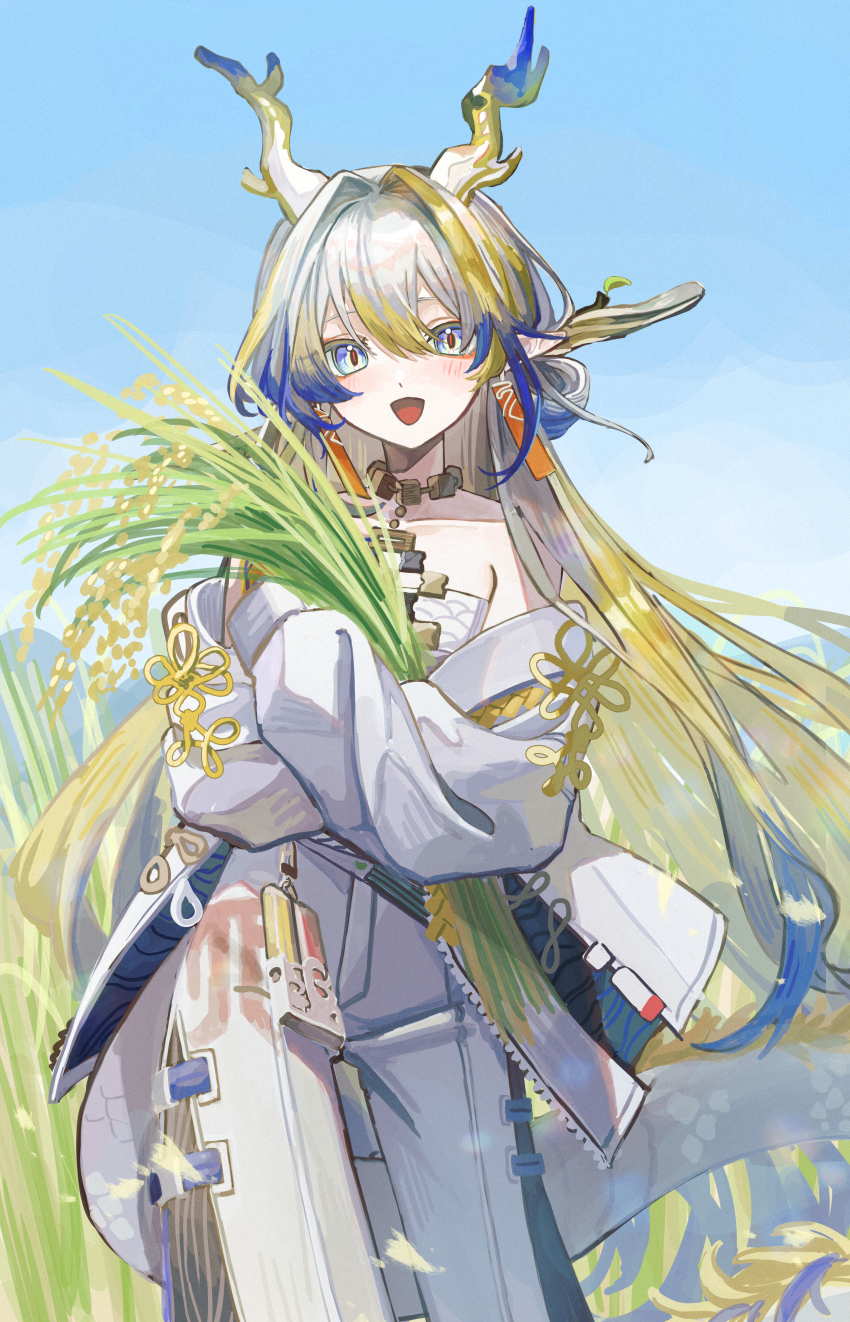 1girl, :d, absurdres, arknights, bare_shoulders, blonde_hair, blush, collarbone