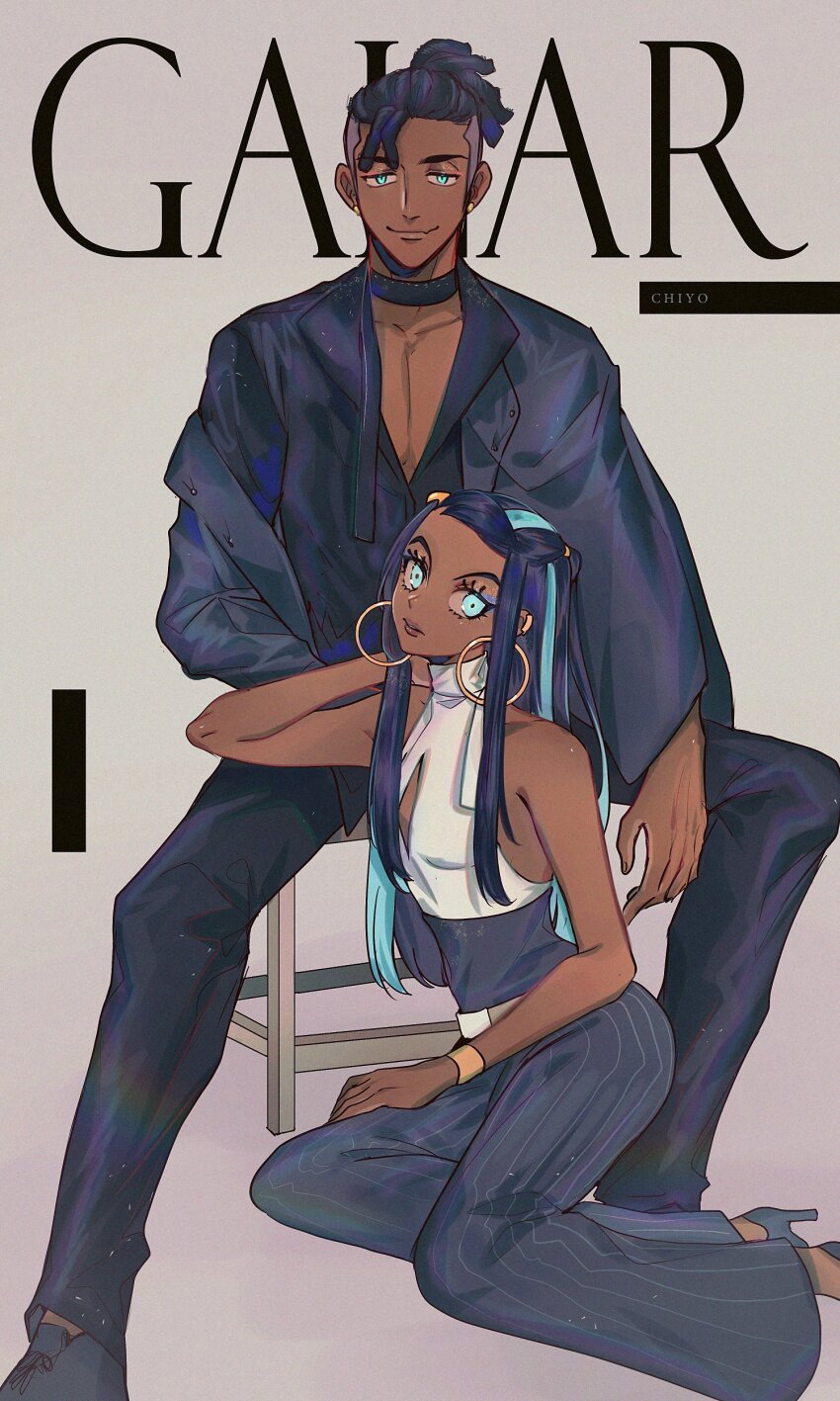 1boy, 1girl, absurdres, arm_on_thigh, belt, black_hair, black_jacket, black_pants