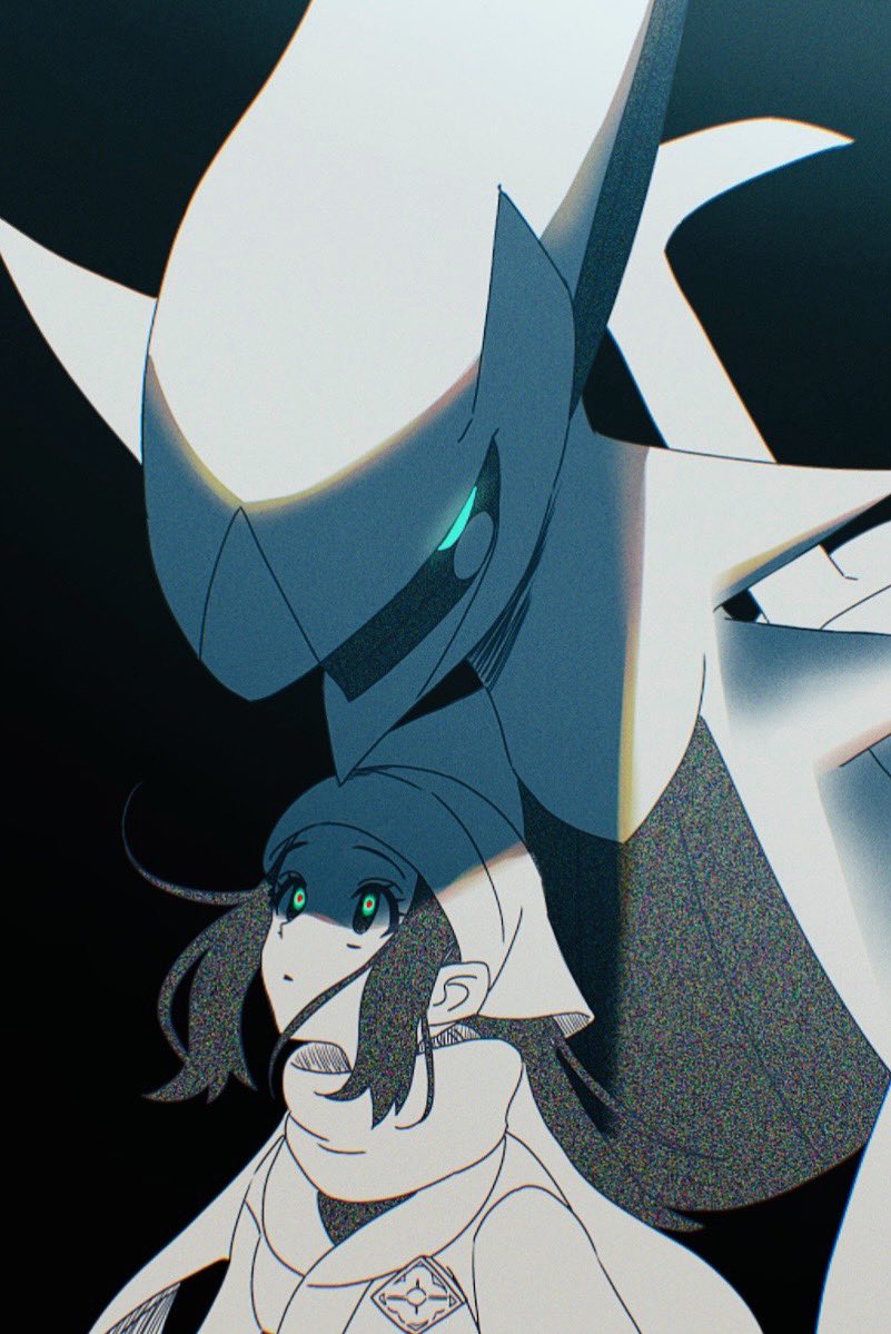 1girl, akari_(pokemon), arceus, behind_another, blue_eyes, commentary_request, galaxy_expedition_team_survey_corps_uniform, gen_4_pokemon