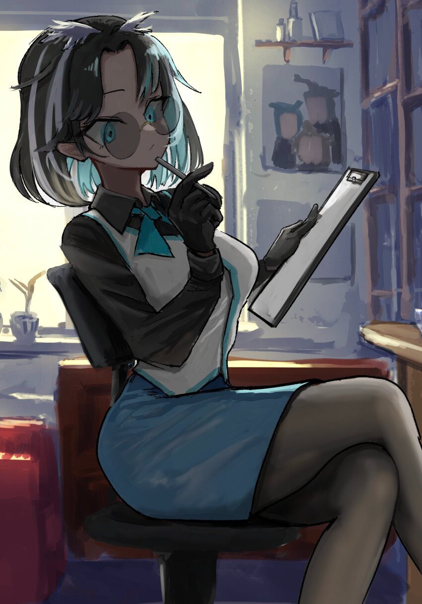 1girl, absurdres, black_gloves, black_hair, black_pantyhose, black_shirt, blue_bow, blue_bowtie, blue_eyes, blue_hair, blue_skirt, bow, bowtie, breasts, chair, clipboard, closed_mouth, collared_shirt, commentary_request, crossed_legs, expressionless, feet_out_of_frame, glasses, gloves, highres, holding, holding_clipboard, holding_pen, indoors, medium_breasts, multicolored_hair, nanashi_inc., office_chair, office_lady, on_chair, oura_rukako, oura_rukako_(1st_costume), pantyhose, parted_bangs, pen, pencil_skirt, pointy_ears, reading, rimless_eyewear, round_eyewear, shelf, shirt, short_hair, sitting, skirt, solo, swivel_chair, vest, virtual_youtuber, wasabifu, white_hair, white_vest
