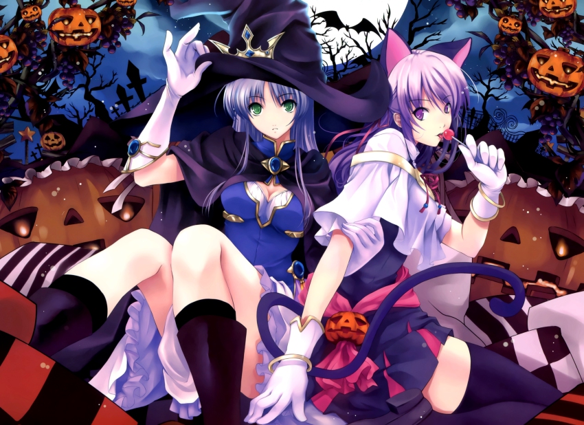 2girls, animal_ears, bat_(animal), blue_hair, bracelet, candy, cat_ears, dress, estel_freesia, feena_fam_earthlight, food, fruit, gloves, grapes, green_eyes, halloween, hat, hazuki_(company), highres, jack-o'-lantern, jewelry, lollipop, long_hair, misaki_kurehito, multiple_girls, night, pumpkin, purple_eyes, skirt, tail, thighhighs, witch, witch_hat, yoake_mae_yori_ruri_iro_na