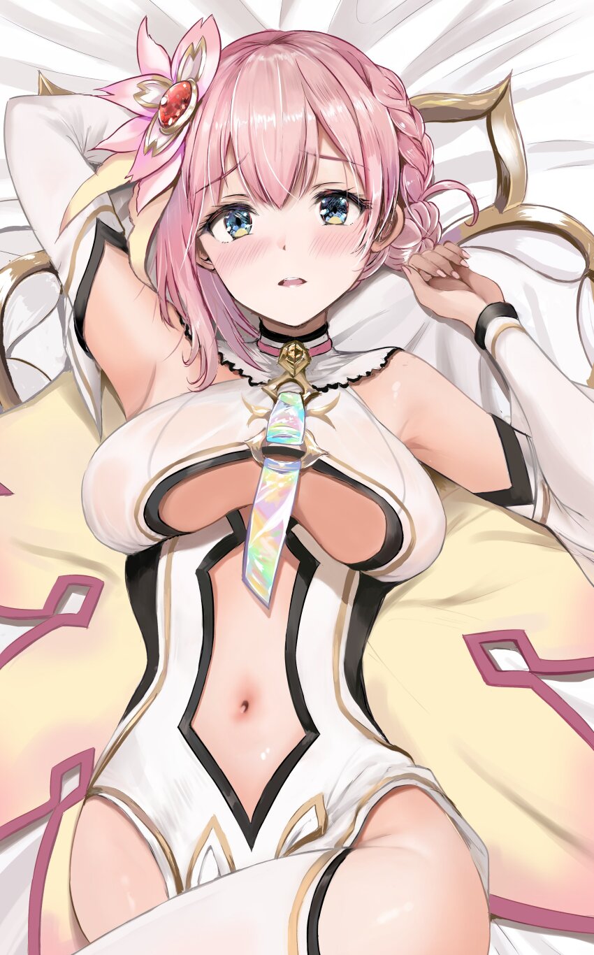 1girl, absurdres, blue_eyes, breasts, clothing_cutout, detached_sleeves, dress, hair_bun, highres, large_breasts, lying, navel_cutout, on_back, pink_hair, princess_connect!, revealing_clothes, single_hair_bun, solo, staryume, underboob_cutout, yui_(astral)_(princess_connect!), yui_(princess_connect!)