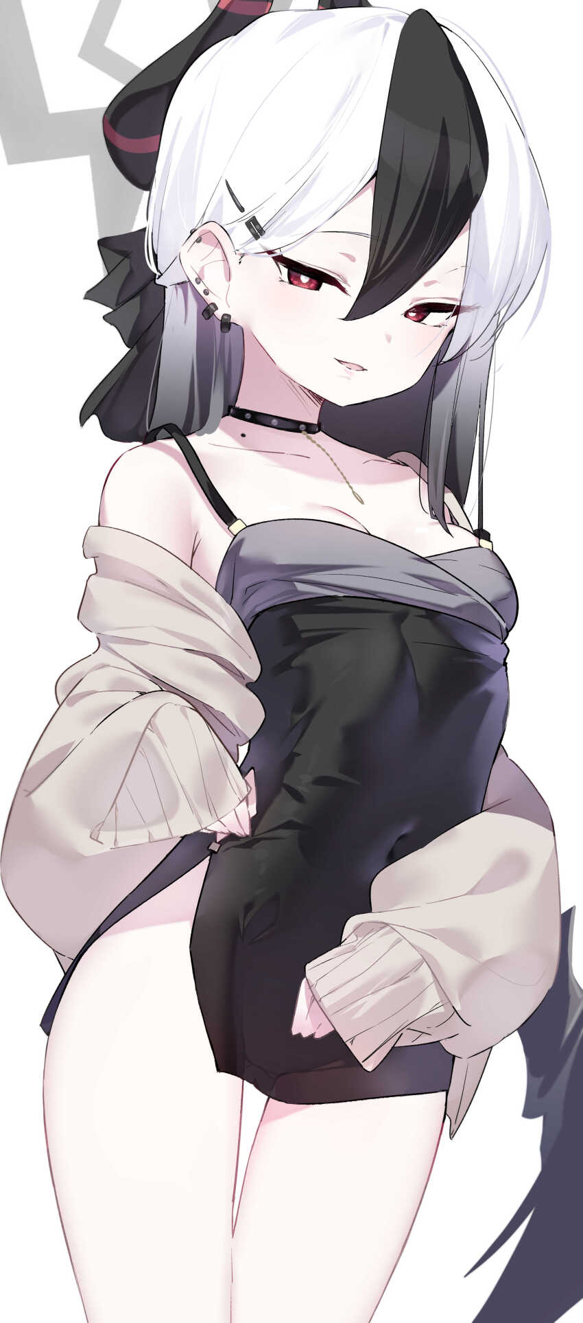 1girl, absurdres, black_choker, black_dress, black_hair, black_horns, black_wings, blue_archive