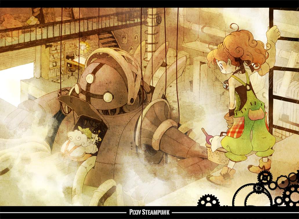 1boy, 1girl, gears, kuzira_kirara, letterboxed, mecha, mechanic, overalls