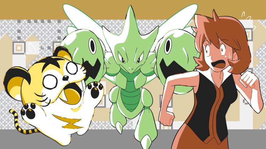 1girl, asymmetrical_hair, breasts, casual, cowboy_shot, female_focus, gen_2_pokemon, gym_leader, hair_between_eyes, highres, kotora_(pokemon), legs, looking_at_another, medium_breasts, misty_(pokemon), nintendo, pokemon, pokemon_gold/silver/crystal, pokemon_gold/silver/crystal_(prototype), ponytail, scizor, scizor_(beta), sergiromero, shiny_skin, shirt, short_hair, skirt