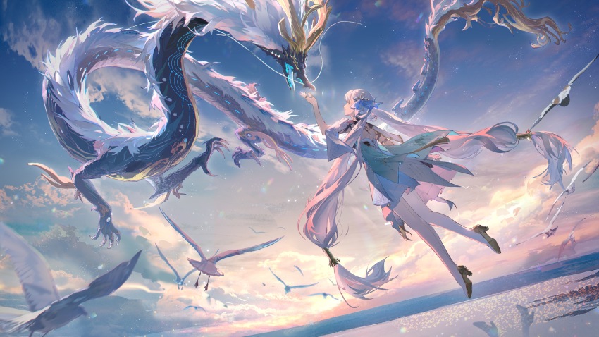 1girl, absurdly_long_hair, absurdres, arm_up, baofandxy, bird, blue_dress, blue_ribbon