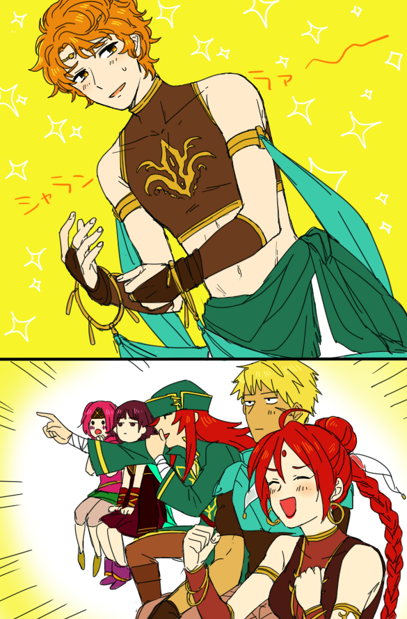 3boys, 3girls, artur_(fire_emblem), bare_shoulders, blonde_hair, braid, braided_ponytail, cheering