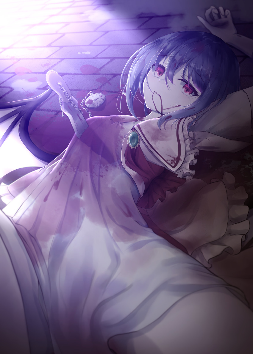 1girl, absurdres, arm_at_side, arm_up, ascot, bat_wings, blood, blood_on_clothes, blood_on_face, blood_on_ground, blue_hair, brick_floor, commentary, crying, crying_with_eyes_open, defeat, dress, empty_eyes, english_commentary, eyelashes, foreshortening, frilled_shirt_collar, frills, gem, green_gem, hair_between_eyes, highres, hoshikage_syo, knife, knife_in_chest, looking_at_viewer, lying, mixed-language_commentary, missing_headwear, on_back, on_floor, open_clothes, open_shirt, outdoors, parted_lips, pink_shirt, pocket_watch, red_ascot, red_eyes, remilia_scarlet, sad, shirt, short_hair, sidelighting, solo, streaming_tears, tears, touhou, tsurime, watch, white_dress, wings