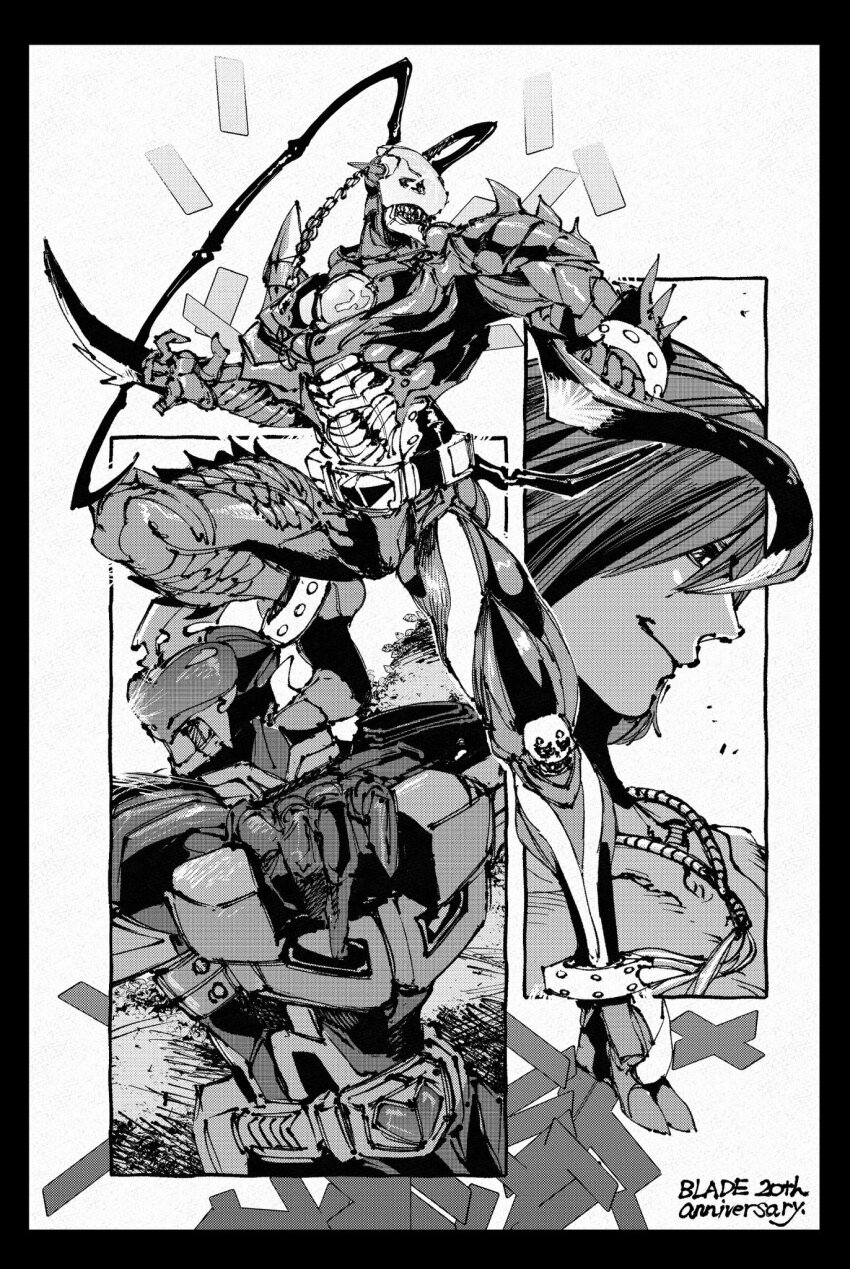 3boys, aikawa_hajime, anniversary, antennae, greyscale, highres, human_undead, ichitaka_(1015ichitaka)