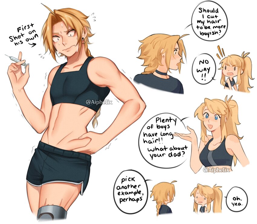 1boy, 1girl, ahoge, aiphelix, black_choker, black_shorts, black_sports_bra, blonde_hair, blue_eyes, braid, breasts, chest_binder, choker, commentary, dolphin_shorts, earrings, edward_elric, english_commentary, english_text, fullmetal_alchemist, gender_transitioning, highres, holding, holding_syringe, jewelry, long_hair, medium_breasts, midriff, nervous_sweating, pinching_own_belly, ponytail, prosthesis, prosthetic_leg, scar, shorts, single_braid, solo_focus, speech_bubble, sports_bra, sweat, sweatdrop, syringe, trap, trembling, winry_rockbell