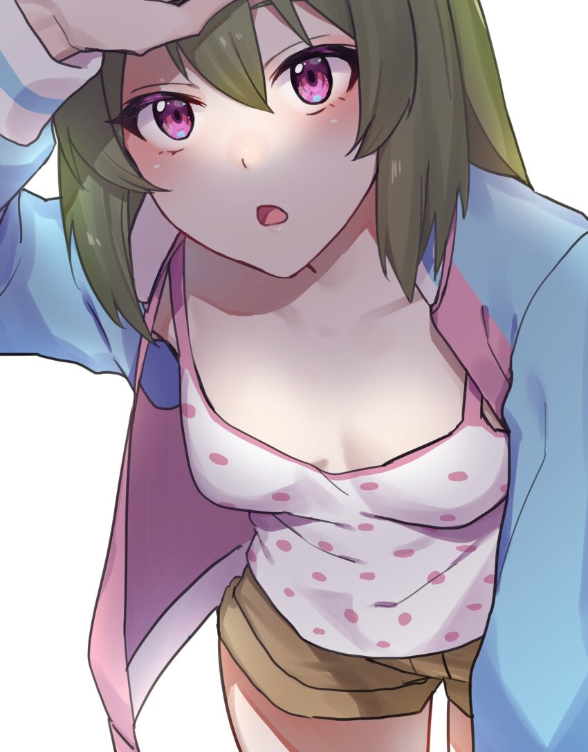 1girl, arm_over_head, breasts, camisole, collarbone, commentary_request, downblouse, eyelashes, green_hair, hair_between_eyes, highres, idolmaster, idolmaster_million_live!, jacket, leaning_forward, long_bangs, long_sleeves, looking_up, nagayoshi_subaru, no_bra, open_clothes, open_jacket, open_mouth, polka_dot, polka_dot_shirt, purple_eyes, shirt, short_hair, shorts, sidelocks, simple_background, small_breasts, solo, tutimaru0730, white_background
