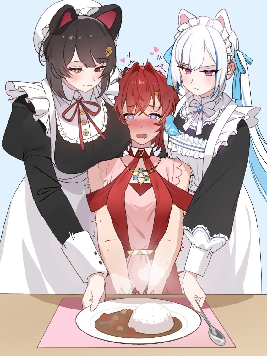 3girls, ange_katrina, animal_ears, apron, black_dress, blue_eyes, blue_hair, blush, breasts, brown_hair, cheek-to-breast, closed_mouth, dog_ears, dress, extra_ears, flat_chest, food, girl_sandwich, hair_intakes, hair_ribbon, heart, heart-shaped_pupils, heterochromia, highres, inui_toko, kamitoge_supino, large_breasts, lize_helesta, lize_helesta_(9th_costume), long_hair, long_sleeves, maid, multiple_girls, neck_ribbon, nijisanji, open_mouth, plate, puffy_long_sleeves, puffy_sleeves, purple_eyes, red_dress, red_eyes, red_hair, ribbon, rice, sandwiched, short_hair, simple_background, small_breasts, spoon, symbol-shaped_pupils, twintails, very_long_hair, virtual_youtuber, white_apron, white_hair, yellow_eyes