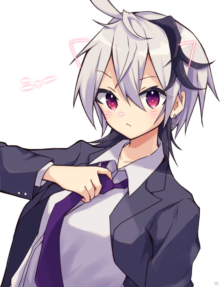 1girl, adjusting_clothes, adjusting_necktie, ahoge, closed_mouth, collared_shirt, drawn_ears, drawn_nose