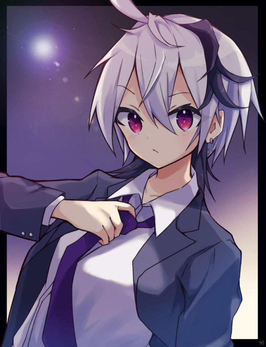 1girl, adjusting_clothes, adjusting_necktie, ahoge, black_border, border, closed_mouth, collared_shirt, ear_piercing, earrings, expressionless, flower_(vocaloid), formal_clothes, gradient_background, grey_suit, hair_between_eyes, highres, lens_flare, looking_at_viewer, musical_note_earrings, necktie, open_clothes, piercing, purple_background, purple_eyes, purple_hair, purple_necktie, rageno0000, shirt, short_hair, signature, solo, suit, upper_body, vocaloid, white_background, white_hair, white_shirt