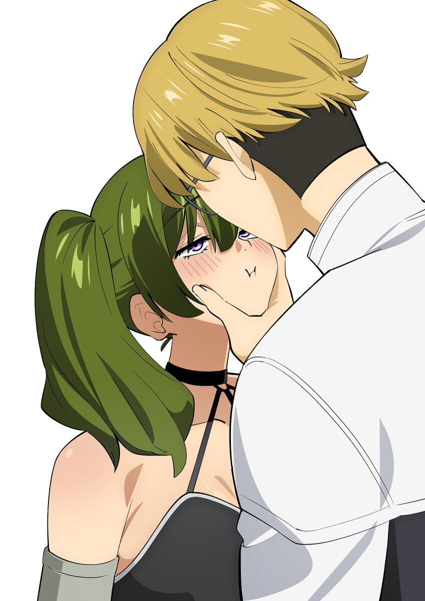 1boy, 1girl, :i, arm_strap, blonde_hair, blush, cheek_squash, choker