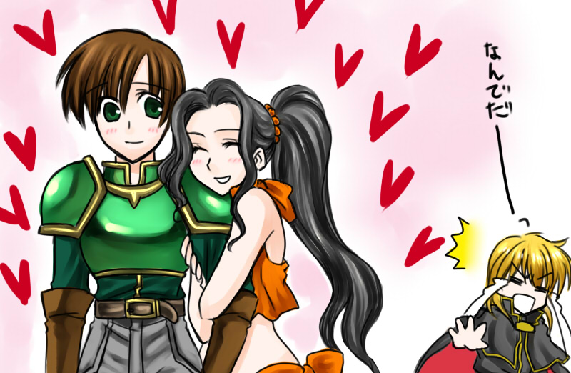 1girl, 2boys, ares_(fire_emblem), arm_hug, armor, black_hair, blush, bo_(774berry), cape, closed_eyes, dancer, deimne_(fire_emblem), fire_emblem, fire_emblem:_genealogy_of_the_holy_war, gloves, heart, laylea_(fire_emblem), long_hair, midriff, multiple_boys, nintendo, ponytail, smile, tears, translation_request