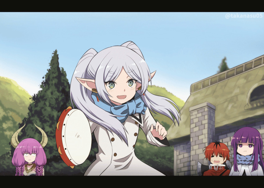 1boy, 3girls, animated, animated_gif, aura_(sousou_no_frieren), axe, building, coat, dancing, demon_girl, demon_horns, earrings, elf, fern_(sousou_no_frieren), frieren, fujitaka_nasu, green_eyes, grey_hair, horns, instrument, itsumo_no_you_ni_love_&amp;_peace!!, jacket, jewelry, long_hair, looping_animation, meme, mountain, multiple_girls, music, open_mouth, outdoors, pink_hair, playing_instrument, pointy_ears, pout, purple_eyes, purple_hair, red_hair, scarf, short_hair, sidelocks, smile, sousou_no_frieren, stark_(sousou_no_frieren), tambourine, tree, twintails