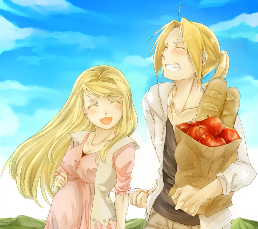 1boy, 1girl, al13, apple, bag, baguette, blonde_hair, blush, bread, breasts, carrying_bag, cleavage, closed_eyes, dress, edward_elric, food, fruit, fullmetal_alchemist, medium_breasts, open_mouth, paper_bag, pink_dress, pregnant, scar, smile, vanilla, winry_rockbell