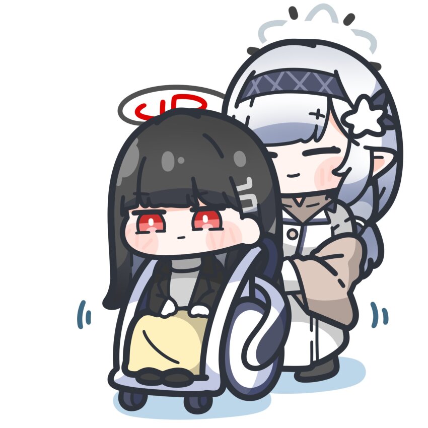 2girls, =_=, black_hair, blue_archive, blush, chibi, full_body, grey_hair