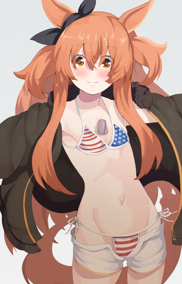 1girl, alternate_costume, american_flag, american_flag_bikini, american_flag_print, animal_ears, bikini, black_bow