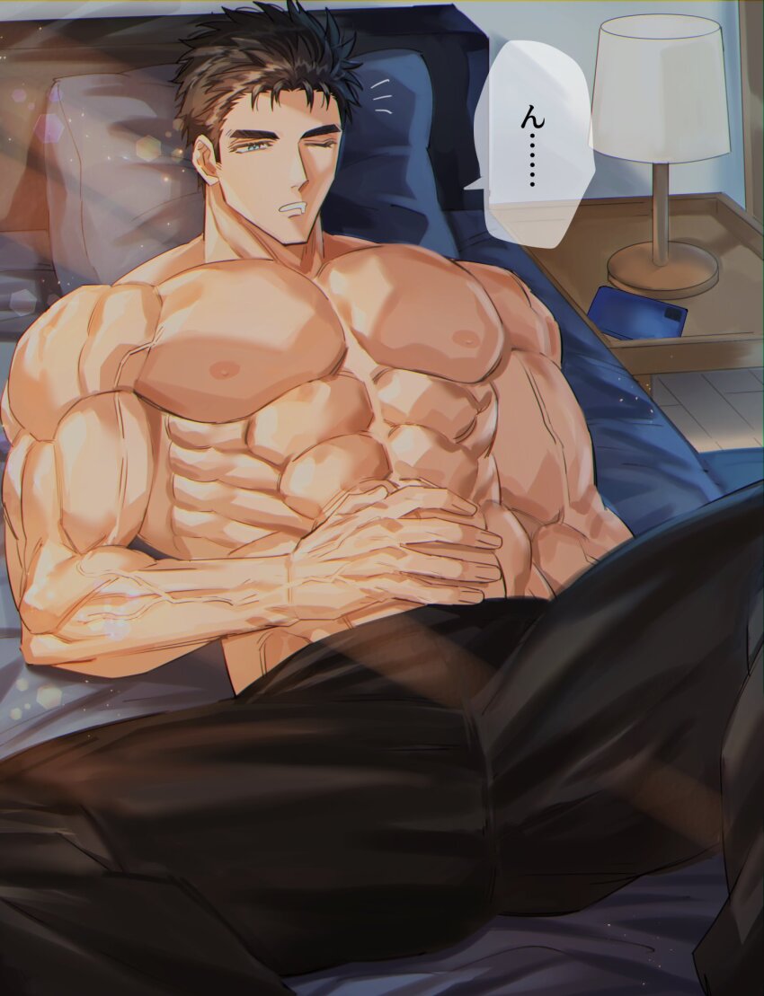 1boy, abs, bara, black_hair, blue_eyes, domo_(domo_kizusuki), drooling, feet_out_of_frame