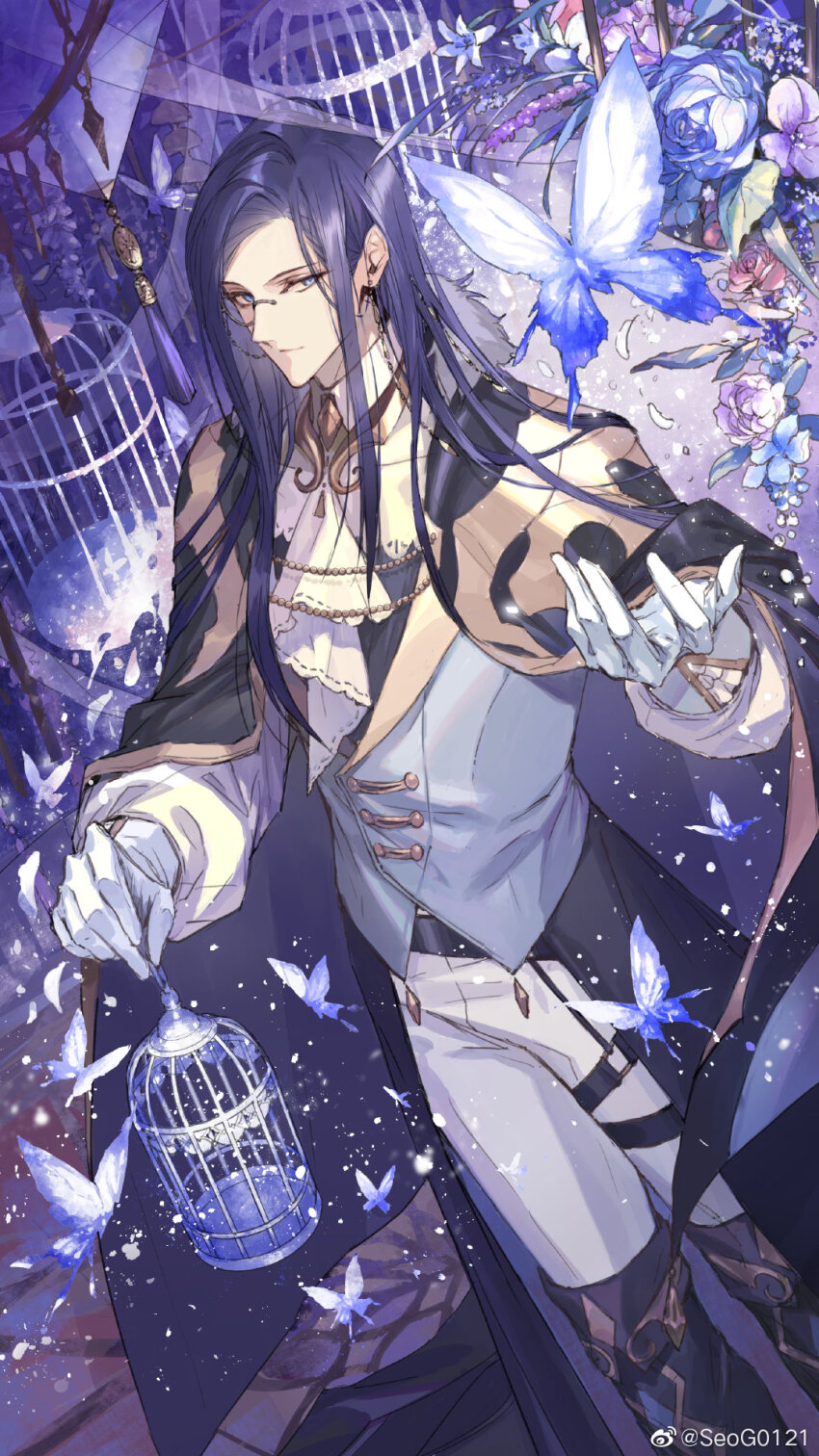 1boy, ascot, belt, birdcage, black_belt, black_boots, black_cape, black_hair