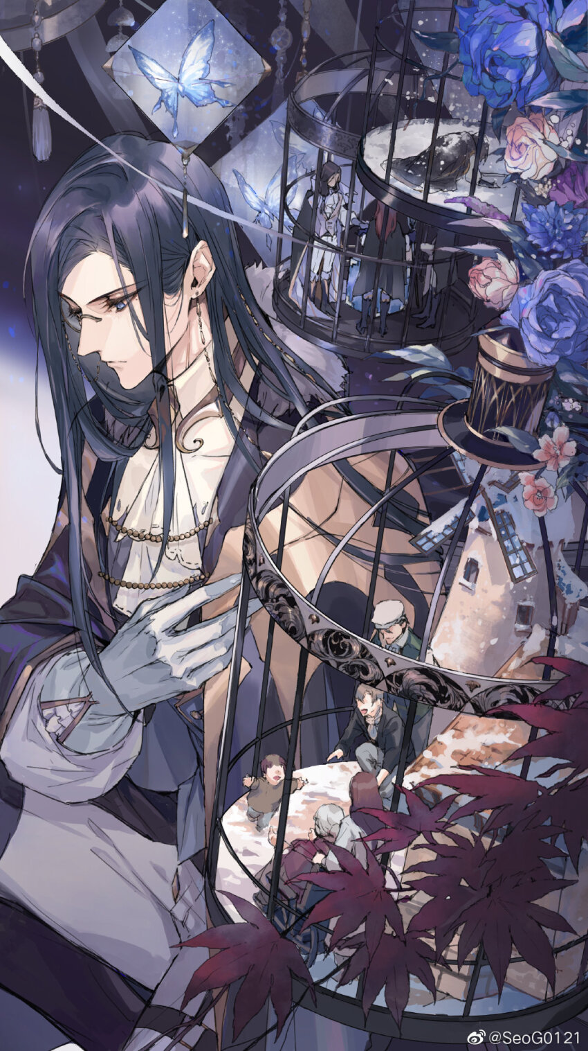 1boy, ascot, birdcage, black_boots, black_cape, black_hair, blue_butterfly, blue_eyes