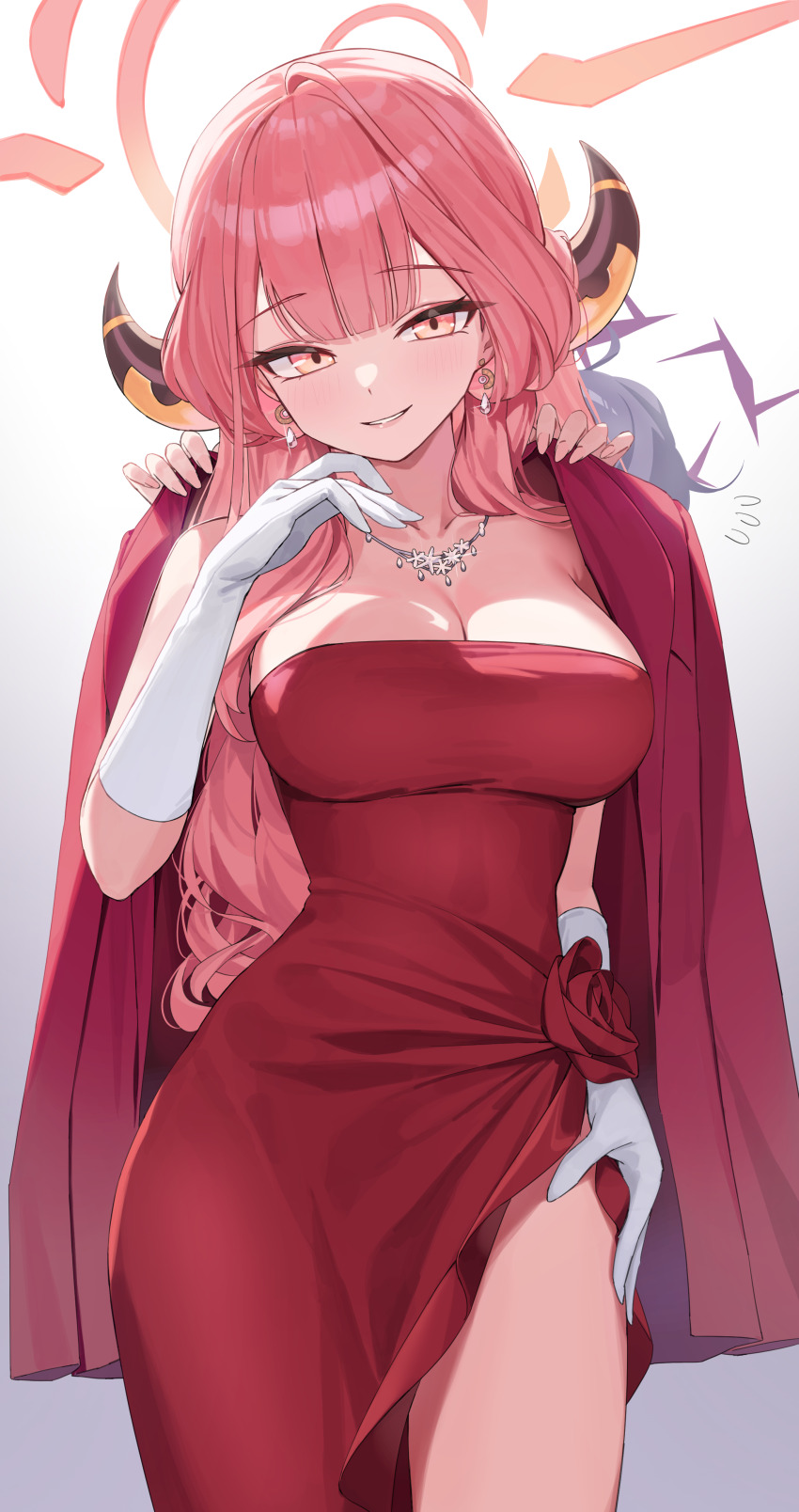 1girl, absurdres, aru_(blue_archive), aru_(dress)_(blue_archive), blue_archive, breasts, cleavage, dress