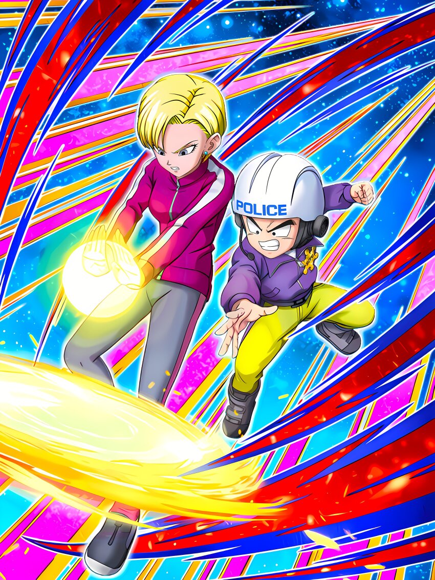 1boy, 1girl, absurdres, android_18, angry, blonde_hair, couple, dokkan_battle