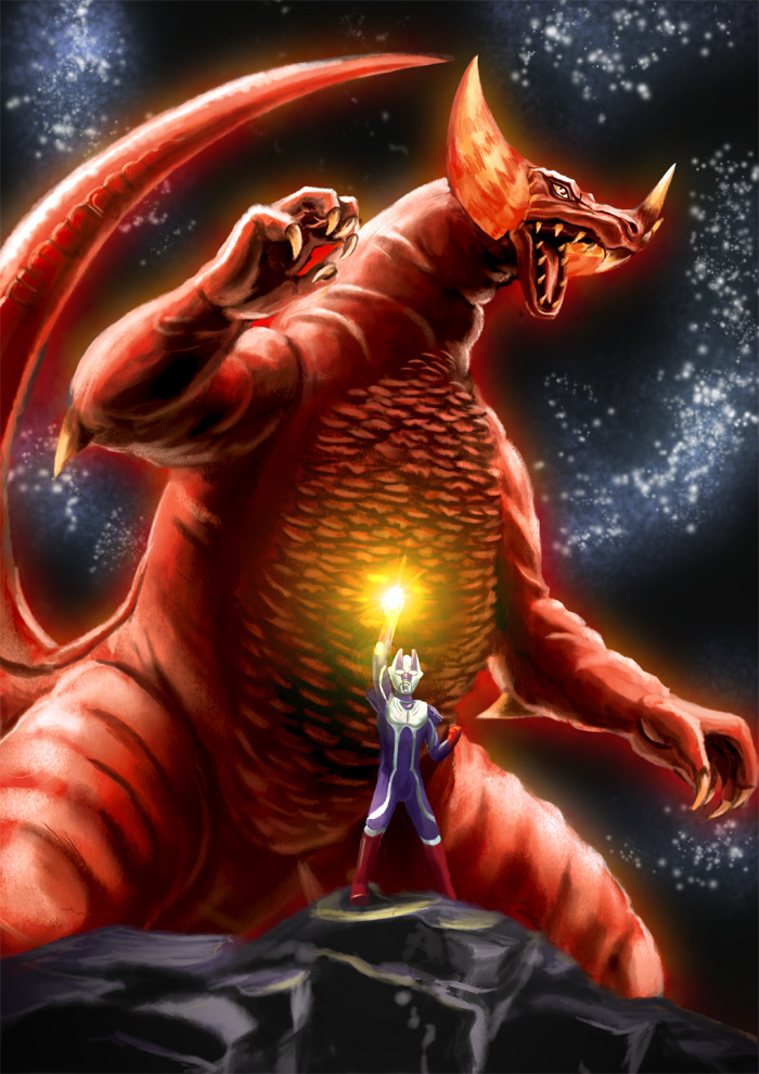 1boy, alien, claws, corruption, dinosaur, epic, giant, giant_monster